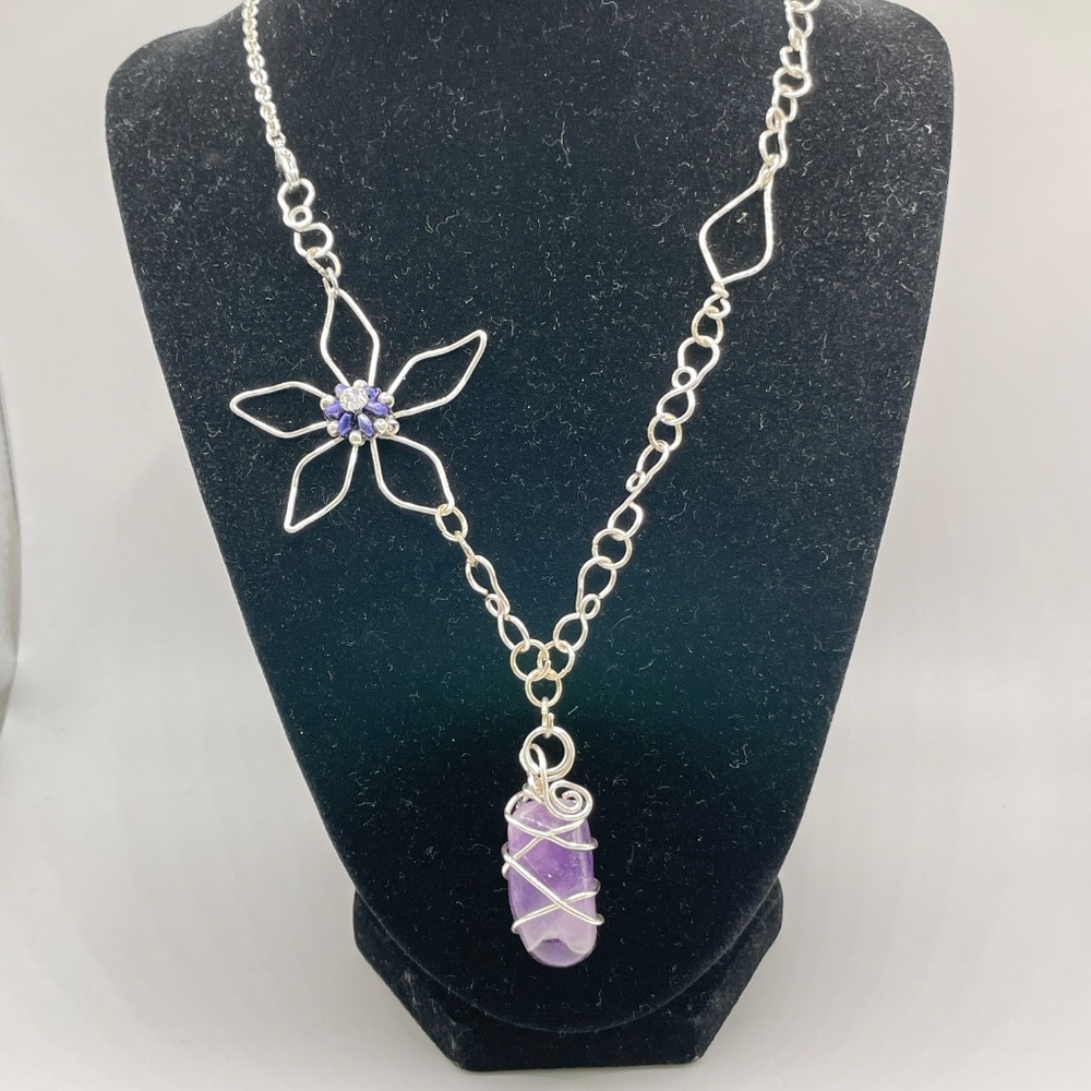 Hand Crafted Silver Tone Asymmetrical Flower Wire Wrap Amethyst Pendant Necklace